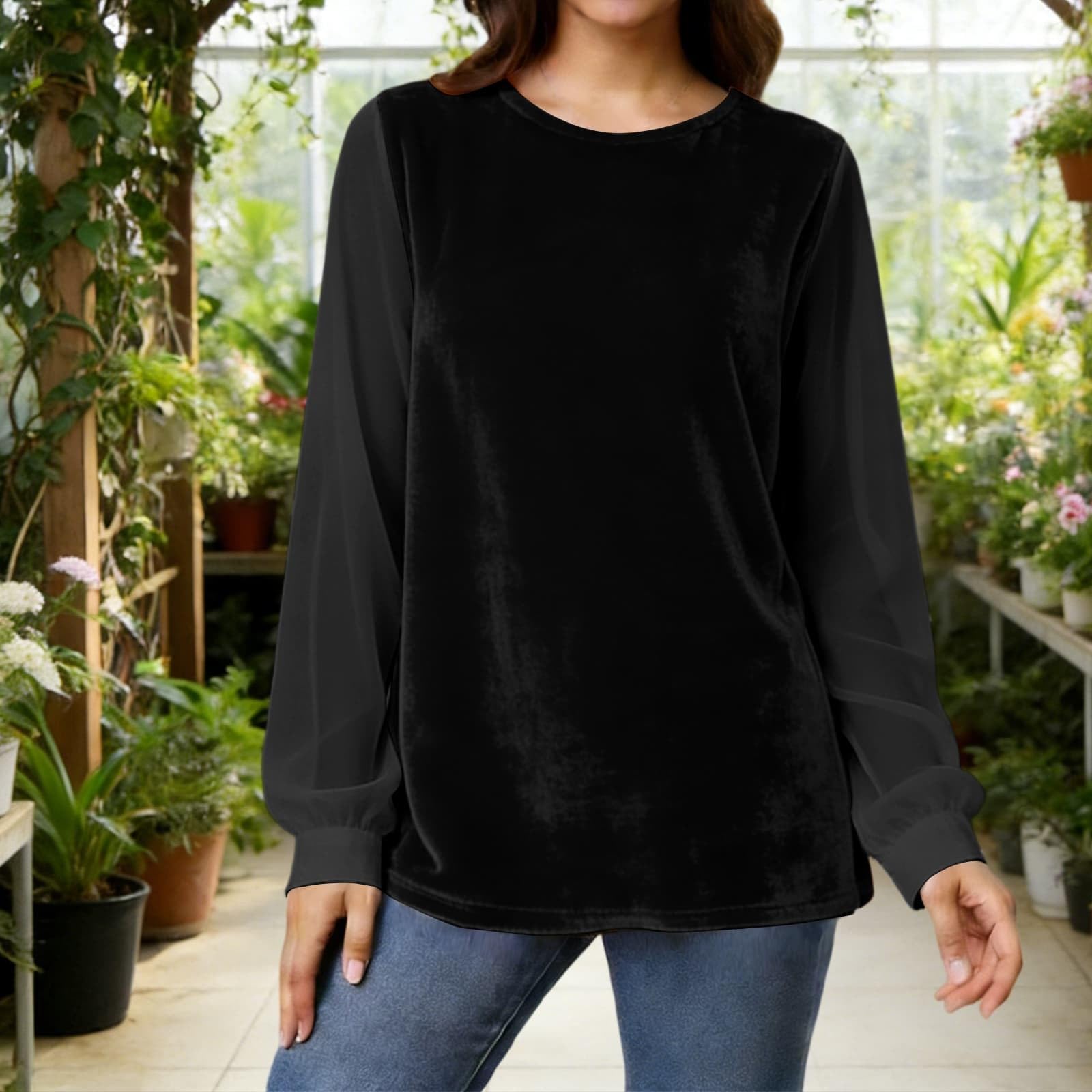 

Женские бархатные топы с длинным рукавом, с круглым вырезом, повседневные, свободные, велюровые блузки M чёрный