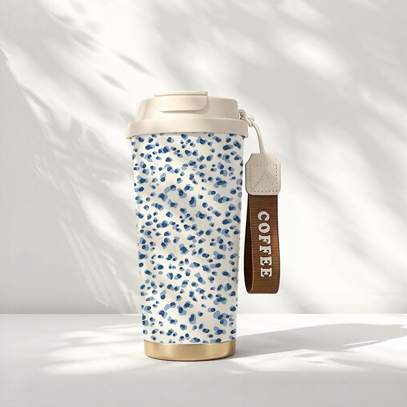 Coffee Mug 532ml Tiny Floral Element Lanyard Insulated Cup Leakproof Coffee Cup Heat Proof Travel Cup Stainless Insulated Cup Large Capacity Cup