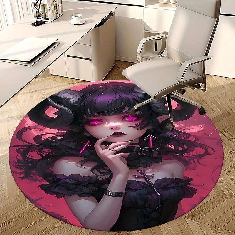 1pc Gothic Devil Girl Round Carpet Anime Design Office Chair Mat, Anti Slip Rug for Home Decor, Living Room, Bedroom, Game Room, Festival Gift