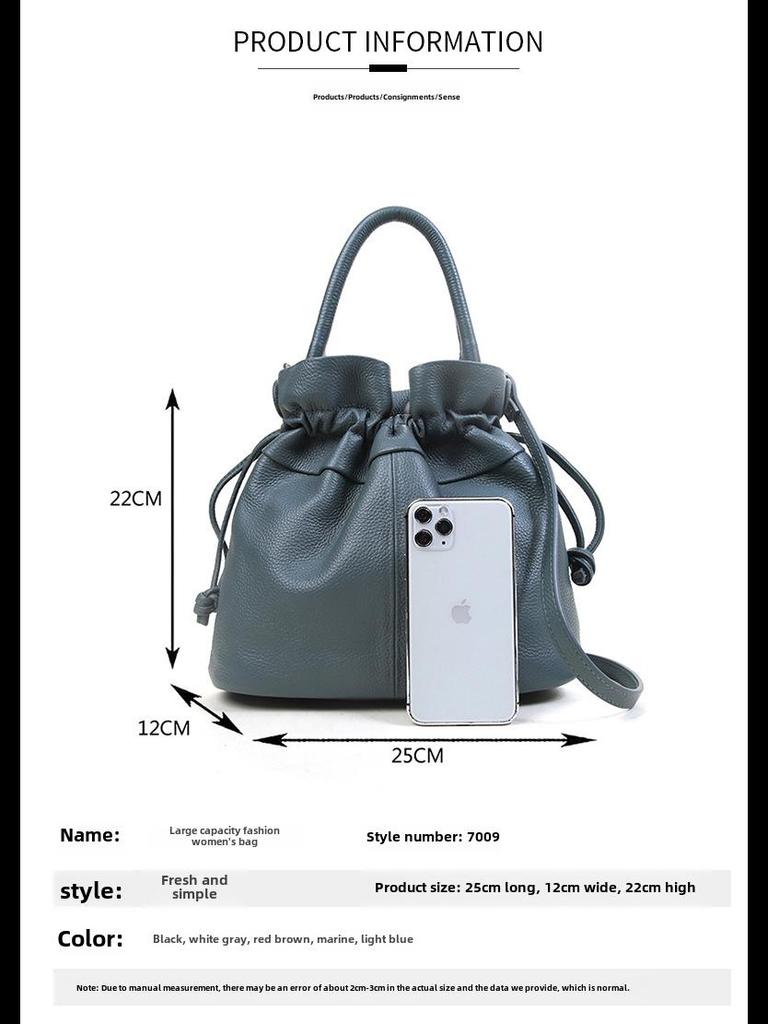 Women's Classic Fold Leather Bucket Bag: New Style, First Layer Cowhide, Trendy Solid Color Handheld Design