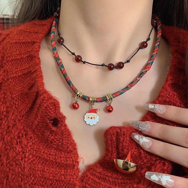 Santa Claus Double-Layer Christmas Necklace with Red Bell for Autumn & Winter Sweaters