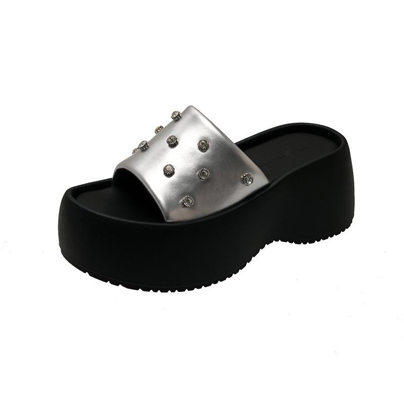 Summer new temperament rhinestone square head open-toed thick-soled cool slippers women wear height-increasing casual shoes