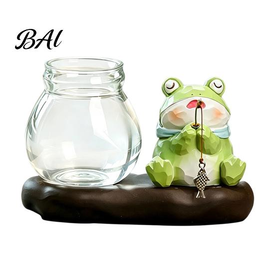 Glass Hydroponic Vase Set Leisure Fishing Frog/Cat/Panda/Bear Statue Ornaments, Clear Mini Vases Miniature Decorative Figurines for Tea Tables