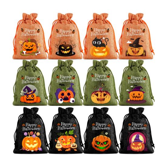 12Pcs Halloween Pumpkin Burlap Gift Bags Small Drawstring Goodie Treat Bag Halloween Linen Jute Candy Bag for Kids Trick or Treat Party Supplies