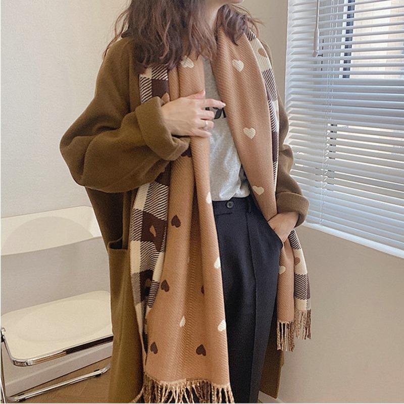Best selling heart plaid tassel scarf cashmere large shawl thickenedheattech air conditioning 200cm