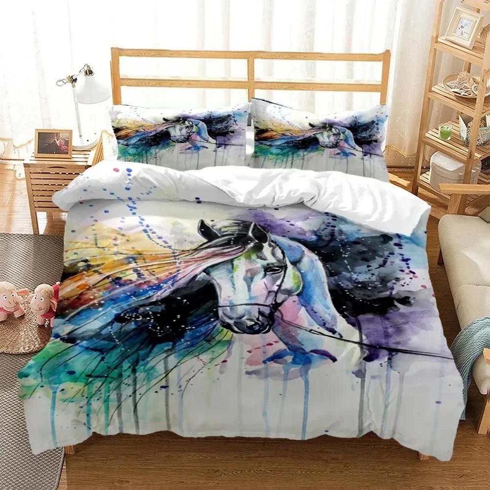 Horses HD Print Polyester Beding SetsYoung Boys Or Adult Peoples For Beds Comfortable Quilt Cover Pilowcase Beding SetTens KingSized Dimensionsd