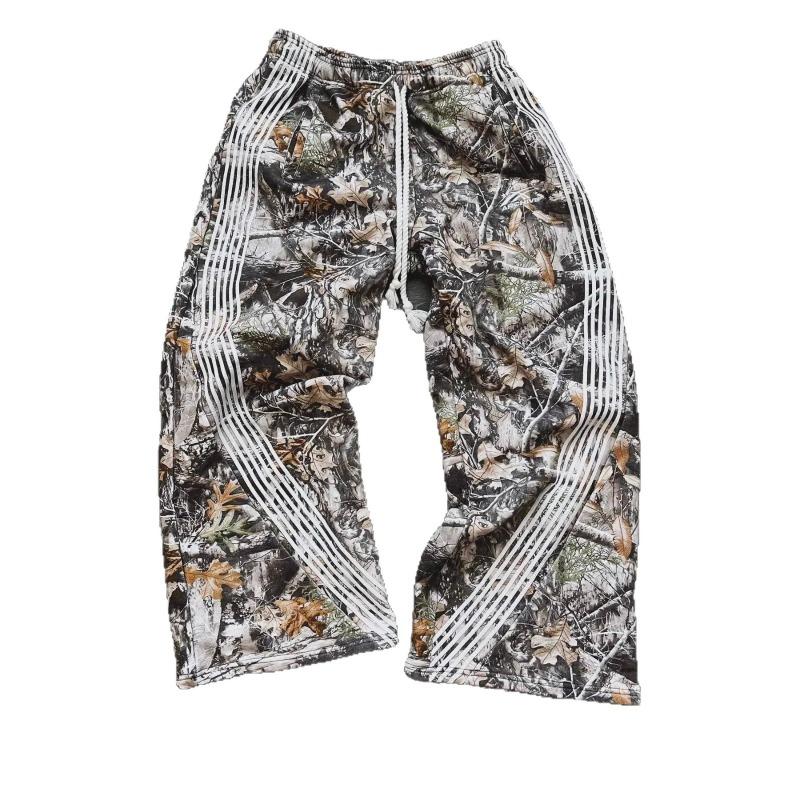 Vintage High Street Overalls Leaf Camouflage Functional Chinese Cotton Striped Wide Leg Pants Loose Casual Pants