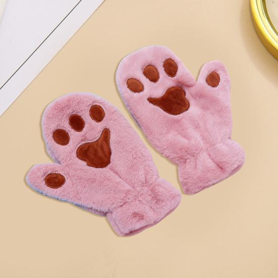 1 Pair Women Winter Mittens Cartoon Cat Paw Shape Thick Plush Anti-slip Heat Retention Outdoor Skiing Cycling Gloves