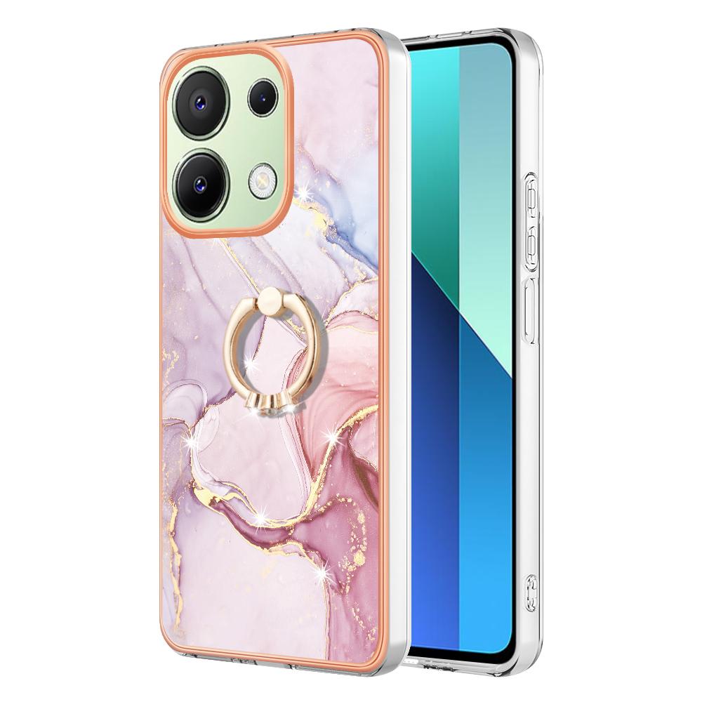 

For Xiaomi Redmi Note 13 4G Case with Ring Kickstand Marble Pattern Electroplating TPU Back Cover Rose Gold 005