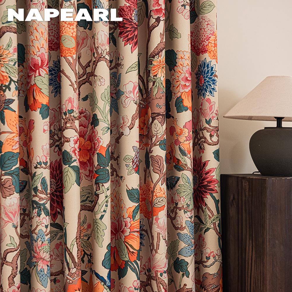 1PC NAPEARL Vintage Pastoral Colorful Floral Blackout Curtains with Oil Painting and Printed Curtains for Bedroom Living Room Home Decor