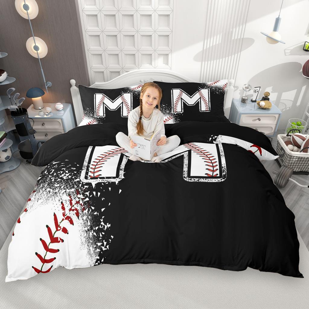 Homewish Kids Baseball Duvet Cover Set 2Pcs/3Pcs For Boys Girls Black White Bedding Set Black Reversible Quilt Cover Set