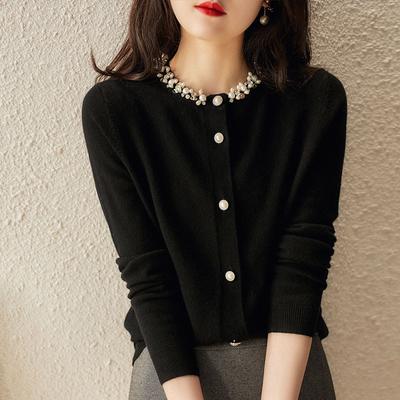 New Autumn Korean Version of Heavy Industry Beaded Knitted Cardigan In Style and Slim Solid Color Long-sleeved Top for Women