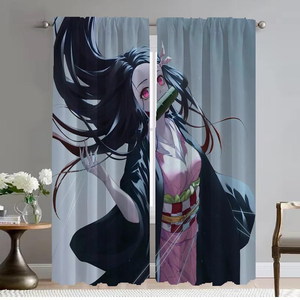 Demon Slayer Curtains for Living Room Curtain Home Interior Curtains 2 Pieces Shades Partition Tulle for Bedroom Kitchen Elegant