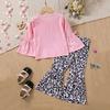 Girls Spring Autumn Long Sleeve Two Piece Set Bowknot Letter Print Leopard Flared Pants Toddler Girls Outfits Kids Fashion Clothing