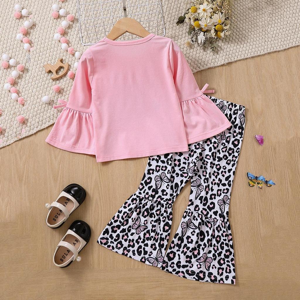 Girls Spring Autumn Long Sleeve Two Piece Set Bowknot Letter Print Leopard Flared Pants Toddler Girls Outfits Kids Fashion Clothing