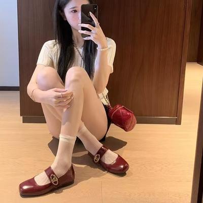 French Retro Square Head with Velcro Temperament Evening Breeze Mary Jane Shallow Mouth Flat Shoes