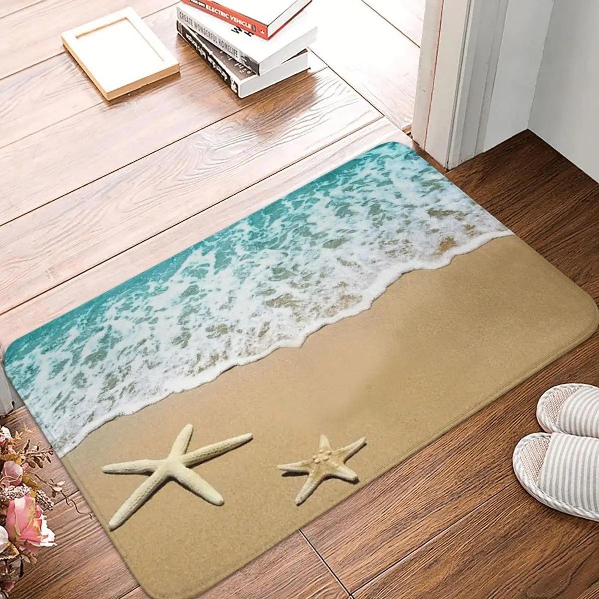 Ocean Beach Starfish Scenery Welcome Entrance Doormat Decor Kitchen Hallway Balcony Long Rug Bathroom Anti-slip flannel Foot Pad 40cm x 60cm