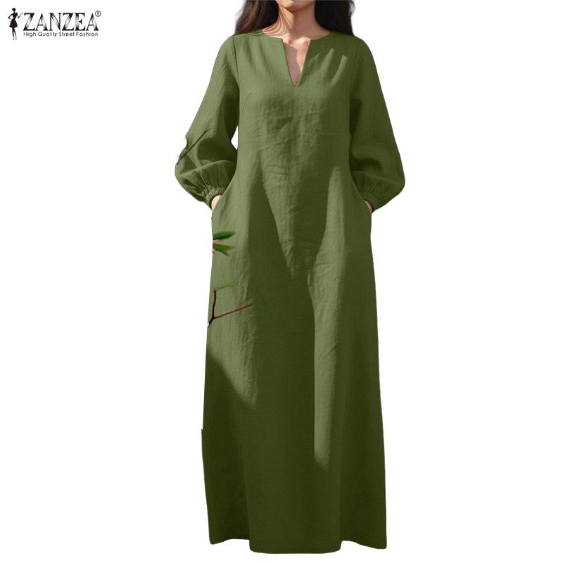 ZANZEA Abito Casual da Donna con Scollo a V, Colore Unito, Manica Lunga, Vestibilità Ampia