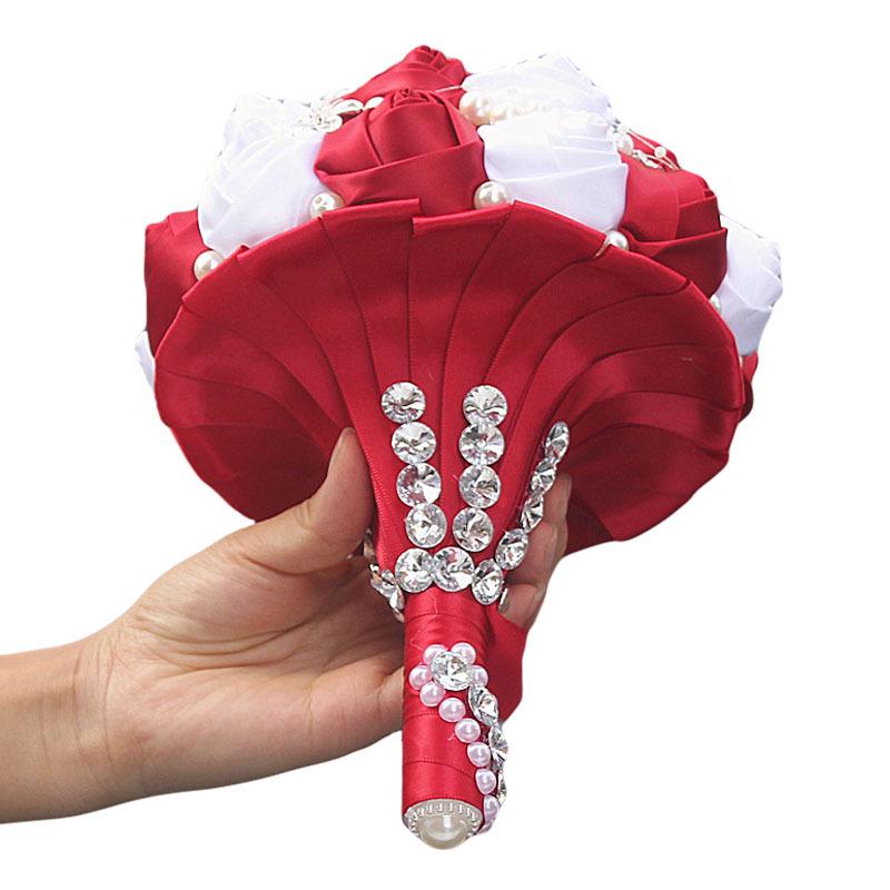 European & American Elegant Ribbon Flower Bridal Bouquet – Beaded Five-Flower Design