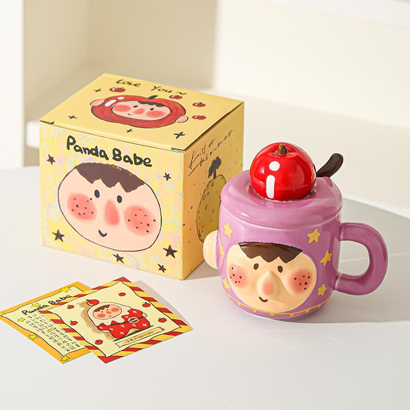 Creative Funny Ceramic Cup Mug with Lid Spoon for Home Use Strange Water Cup for Girls Office Breakfast Cup