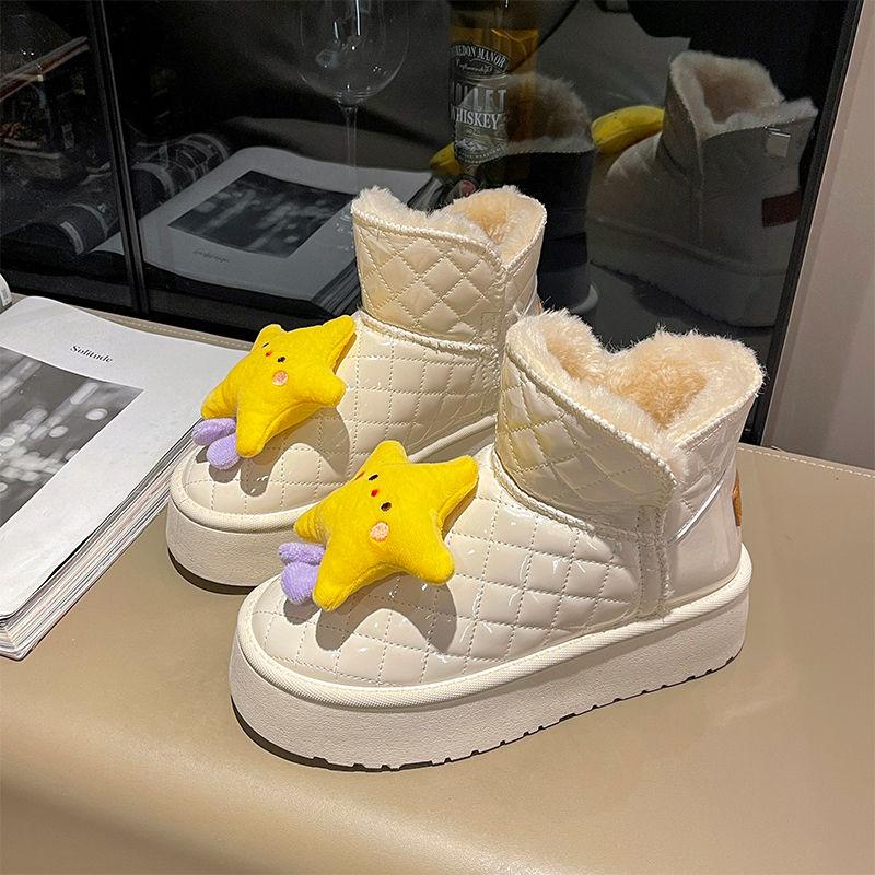 

Зимние ботинки на толстой подошве, женские, осенне-зимние, с рисунком из мультфильмов, с утолщенным бархатным хлопковым верхом, водонепроницаемые и нескользящие ботинки 40 бежевый