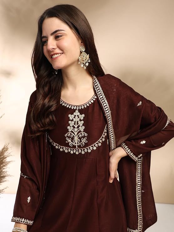 Women's Silk Embroidered Anarkali Kurta and Pant with Dupatta Set | 3 Piece Ethnic Kurta Set for Women