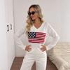 Women's V-Neck Knit Sweater with Flag Pattern - European Style, Long Sleeve, Autumn/Winter Arrival