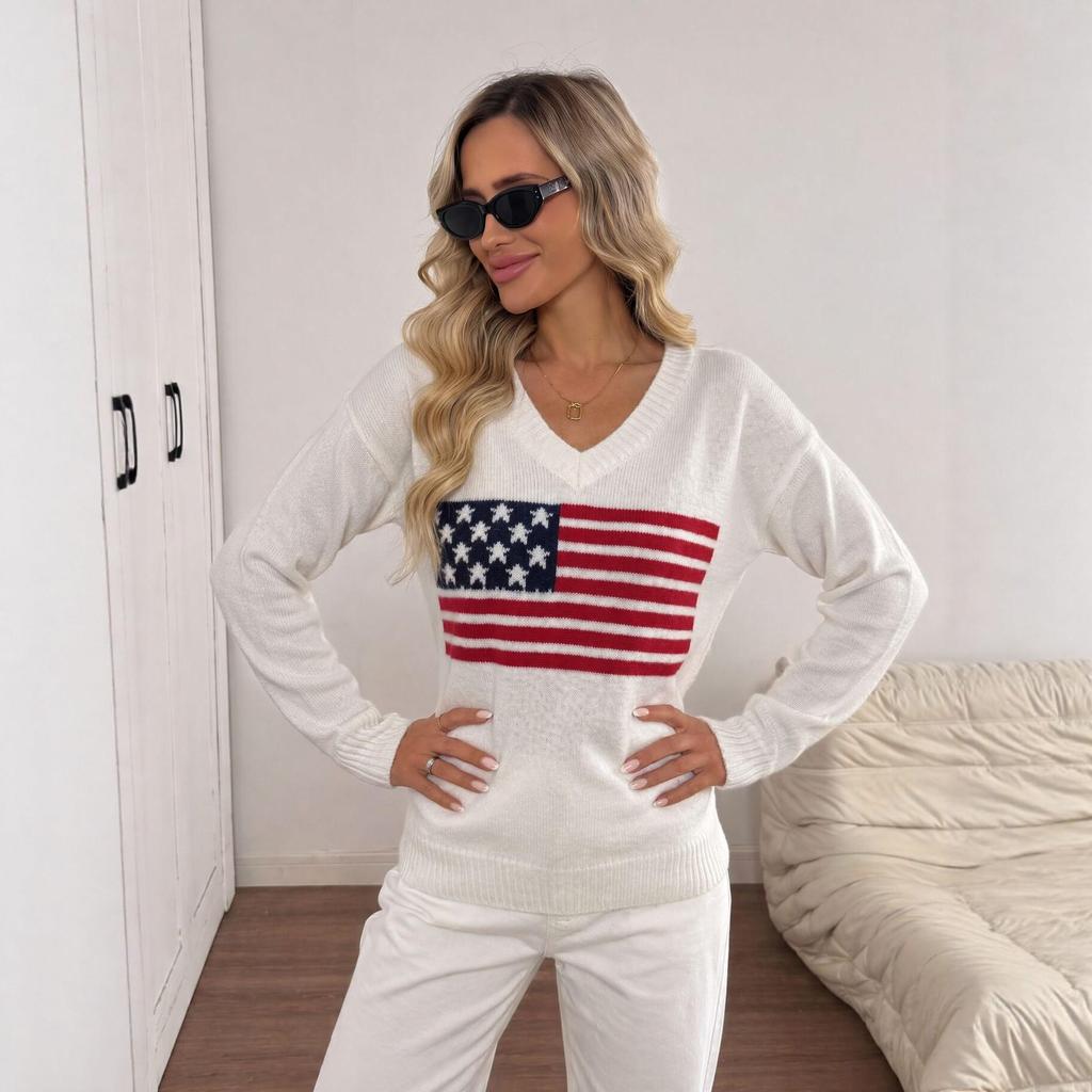 Women's V-Neck Knit Sweater with Flag Pattern - European Style, Long Sleeve, Autumn/Winter Arrival
