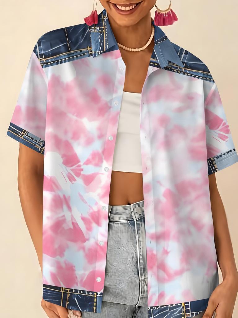Love printed short-sleeved shirt women's summer loose casual lapel shirt retro niche top