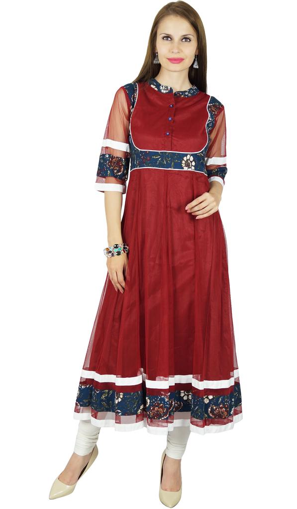 Bimba Women's Long Flared Black Anarkali Kurti Kurta Indian Classic