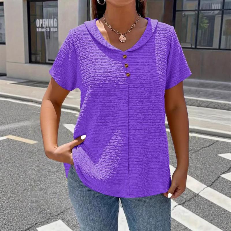 Camiseta Elegante Gola Boneca Tamanho Grande para Mulheres Cor Sólida Manga Curta Botões Plissados Tops Verão Solta Casual Simples Doce Camisa Roupa Feminina