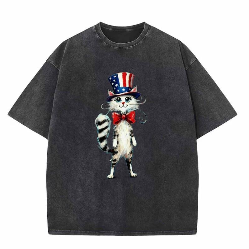 

Funny Flag Hat Cat Print Washed Casual Short Sleeve Retro Vintage Distressed TShirt Soft Oversized Round Neck Top for Men Women S