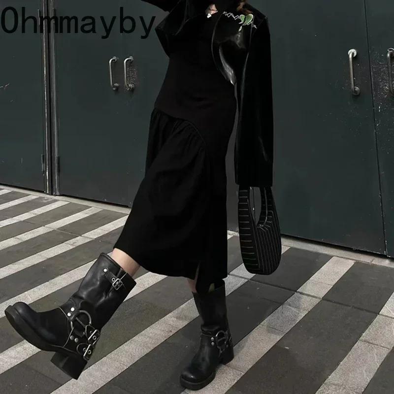 Winter Platform Cowboy Boots Women Shoes Slip On Mid Heel Bota Ladies Retro Mordern Bootties