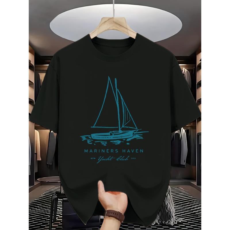 

European sizes Nautical Passion Print Men s Crew Neck T-Shirt, a Fashionable and Trendy Choice, Perfect for Sailing Themed Displays 4XL чорний