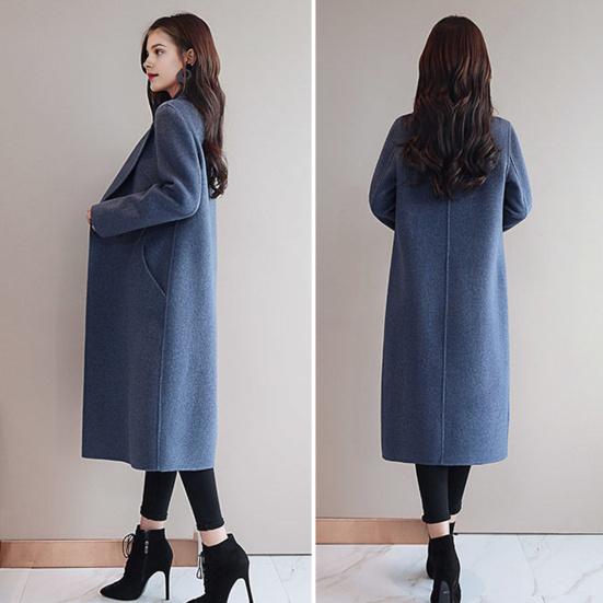 Manteau en Laine d'Automne Hiver pour Femme Revers Cranté Simple Boutonnage Caban Décontracté Trench-coat Mi-long Épais Pardessus