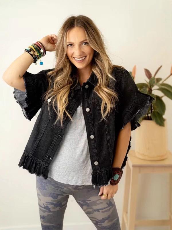 Autumn Women's Ruffle Hem Tassel Denim Top