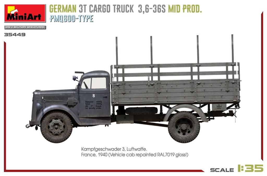 MiniArt German Army Cargo Truck Type PmQ600 Plastic Model Kit MA35449 1/35 WW.II 3-ton 3.6-36S Mid-Production