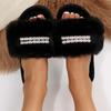 Autumn Winter Open Toe Fluffy Fur Slippers Women Pearls Decor Non Slip Plush Home Slides Woman Comfort Soft Sole Furry Slippers