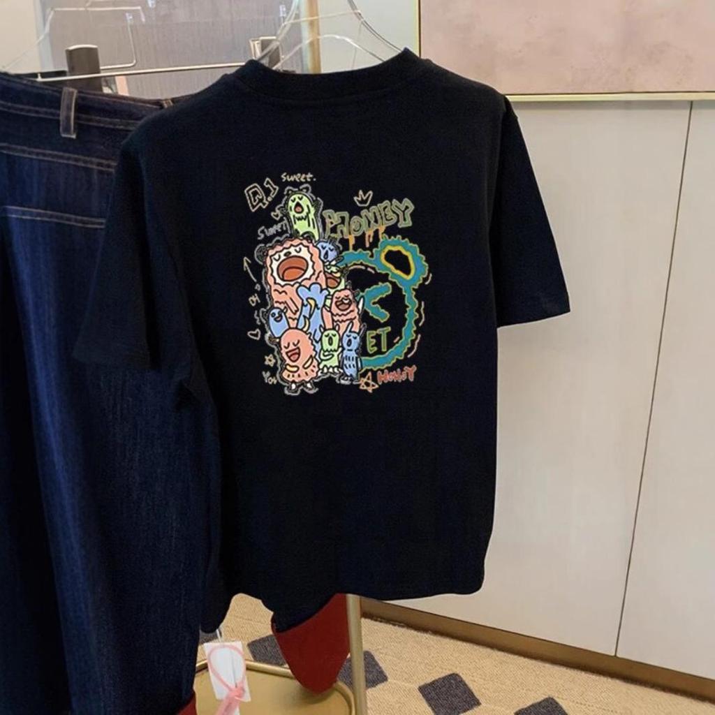 European Cartoon Print Cotton T-Shirt - White, Short Sleeve, Loose Fit, Round Neck, Summer 2025 Women's Fashion