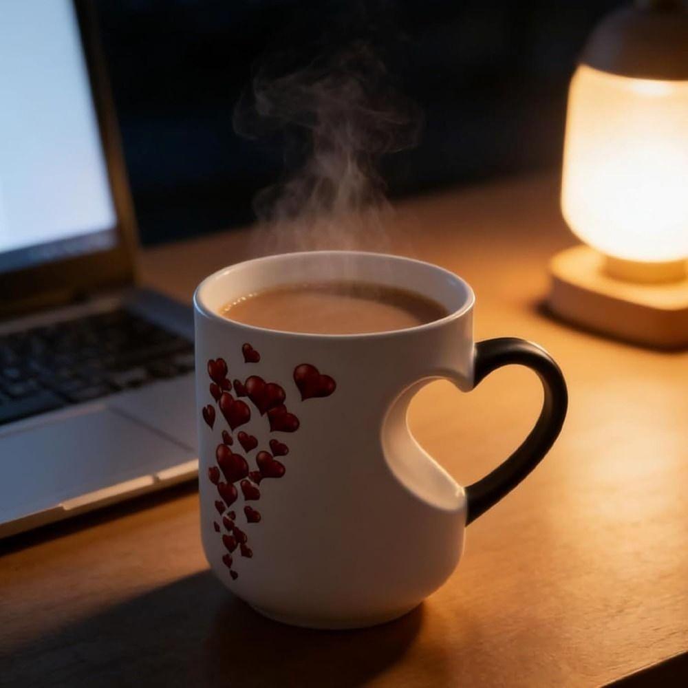 Red Hearts Pattern Color Changing Cup Heart Handle Design Thermochromic Mug  Gift Idea