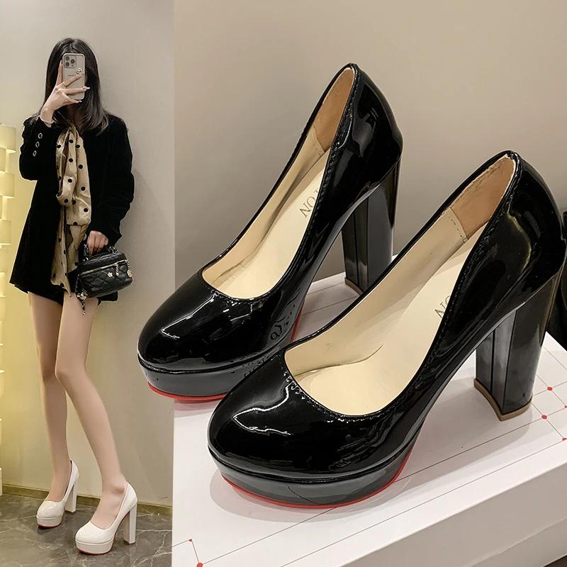 Fashion 2024Waterproof Patent Leather Women's Shoes Thick Platform Round Toe For Professional Work Black Dress Shoes