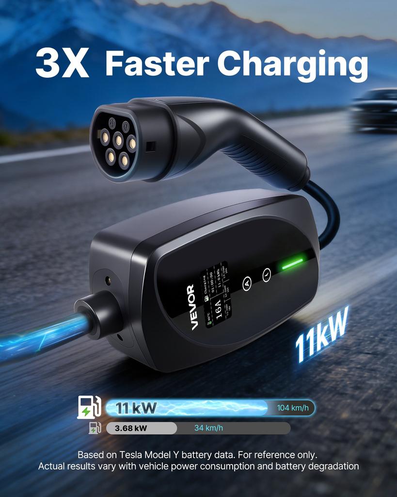 VEVOR Wallbox Portabil, 11 kW 16A, Încărcător Portabil EV Tip 2, Încărcător Auto Vehicul Electric Trifazat cu Cablu de Încărcare de 8 m, Ștecher CEE16, Ecran LCD