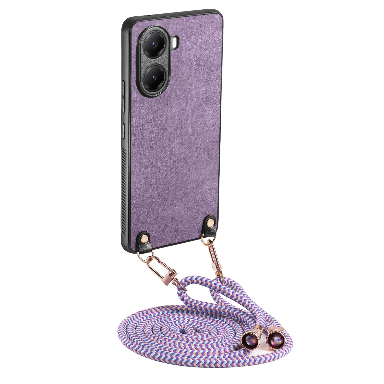 

For Xiaomi Poco X7 Pro 5G/Xiaomi Redmi Turbo 4 5G Retro Leather Phone Back Cover with Adjustable Strap Purple