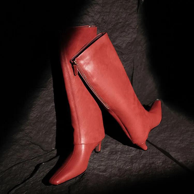 Fashion New Red Black Sheepskin Back Zipper Knee High Boots European American Square Headed Sexy 5.5cm High-heel Women Boots Size 34-41