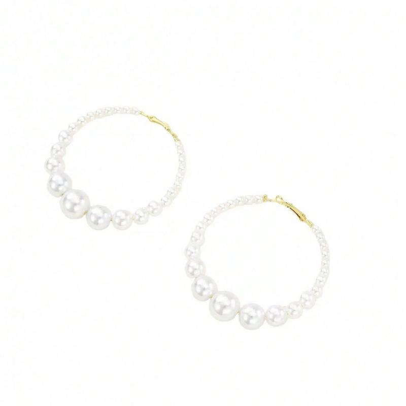 1pc Elegant Statement Pearl Hoop Earrings – Oversized Circular Hoops Lavishly Adorned With Lustrous Faux Pearls In A Graduated Design, Lightweight