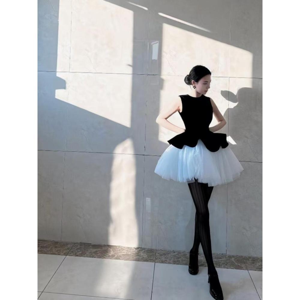 Skvrnitý splétaný baletní dres _ princeznovská síťovina bez rukávů vesta všestranné šaty tylová sukýnka dámský zimní