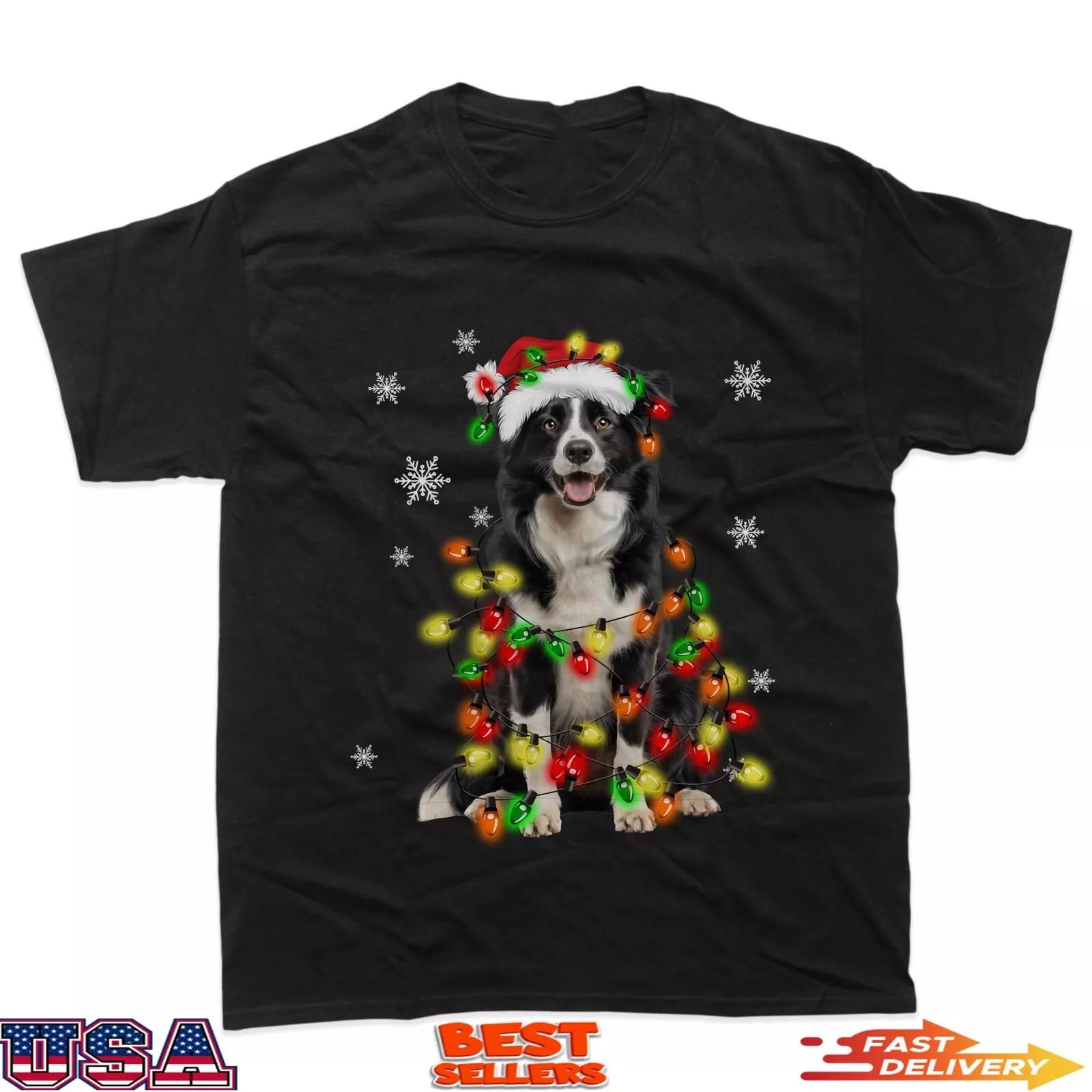 Border collie Dog Christmas Tree Lights Xmas Pajama T-Shirt M