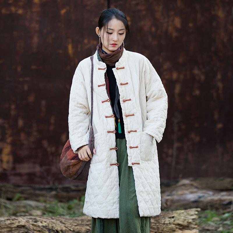 Women's Winter Ramie Quilted Diamond Pattern Cotton Coat with Frog Buttons - Bohemian Style