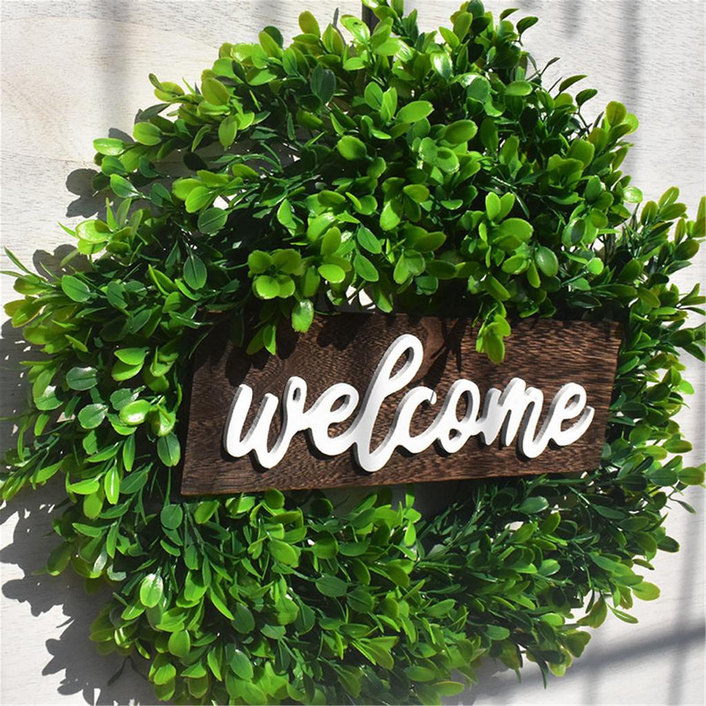 Simulation Wreath Welcome Door Decoration Green Wreath Wooden Sign Pendant