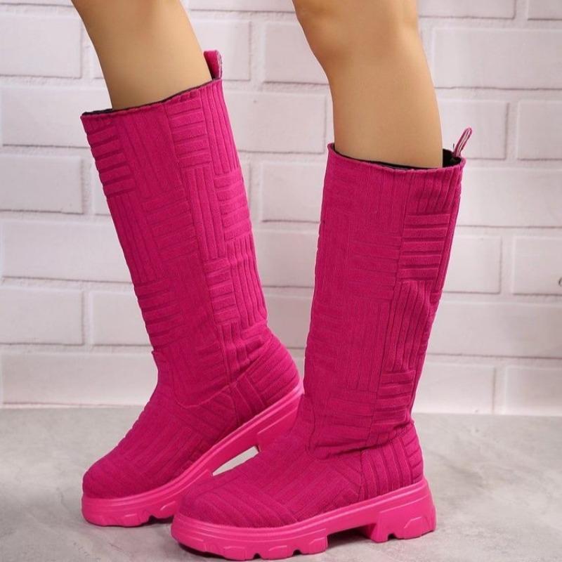Chic Women Long Boots Brand Design Terry Cloth Knee-high Booties Ladies Thick Sole Pink Green Botas Tone To Tone